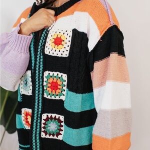 Pol Women's Patchwork Open Knit Detail Sweater Cardigan Large Black